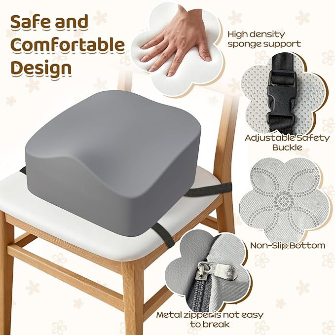 Ergonomic Toddler Booster Seat for Kitchen Chair, Booster Seat for Dining Table Promotes Good Posture, Non-Slip Base & TPU Waterproof Cover & Double Safety Strap, fit for 18 Months to 5 Years