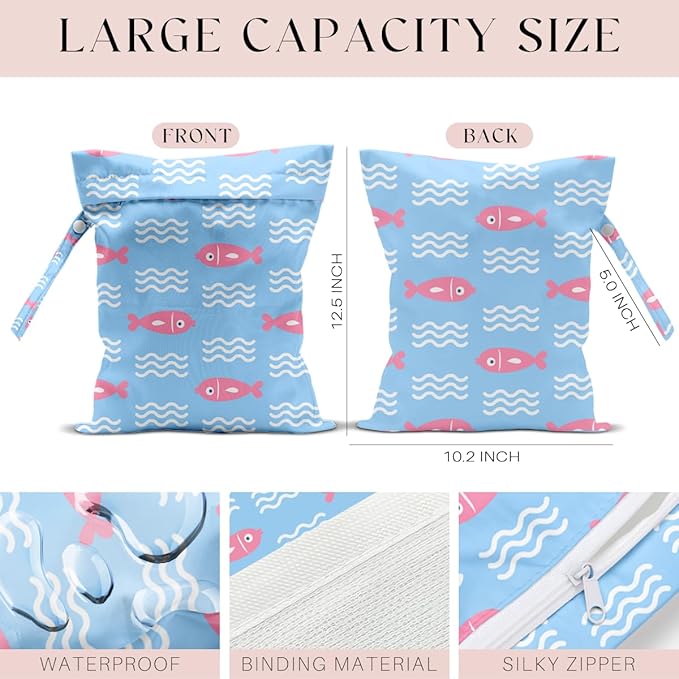 Wet Bag, Wet Dry Bag, Waterproof Swim Bags, Machine Washable Reusable Bags for Beach, Pool, Diapers, and Dirty Yoga Gym Clothes(Pink Fish & Wave Pattern