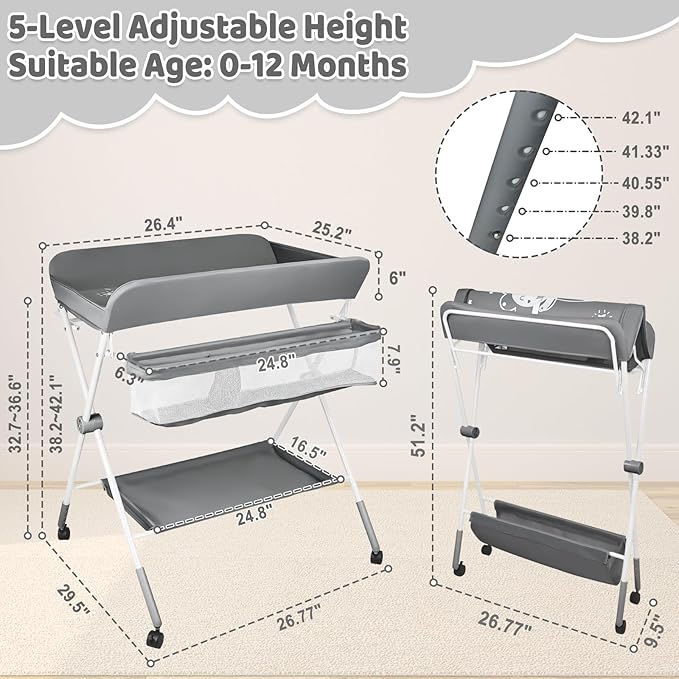 Baby Changing Table, Portable Folding Diaper Changing Station with Wheels, Adjustable Height Nursery Organizer with Safety Belt & Storage Basket & Hanging Rack for Newborn Baby and Infant (Gray)