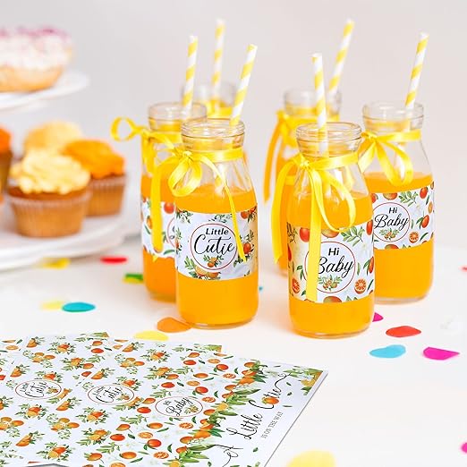48 Pieces Little Cutie Baby Shower Water Bottle Labels Orange Water Bottle Wrapper Stickers Party Favors Decorations for Boy Girl Baby Shower, 3 Styles