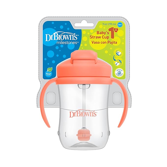 Dr. Brown's Milestones Wide-Neck Sippy Straw Bottle with 100% Silicone Handles and Weighted Straw & Dr. Brown’s Milestones Baby’s First Straw Cup, Training Cup with Weighted Straw, Coral, 6m+