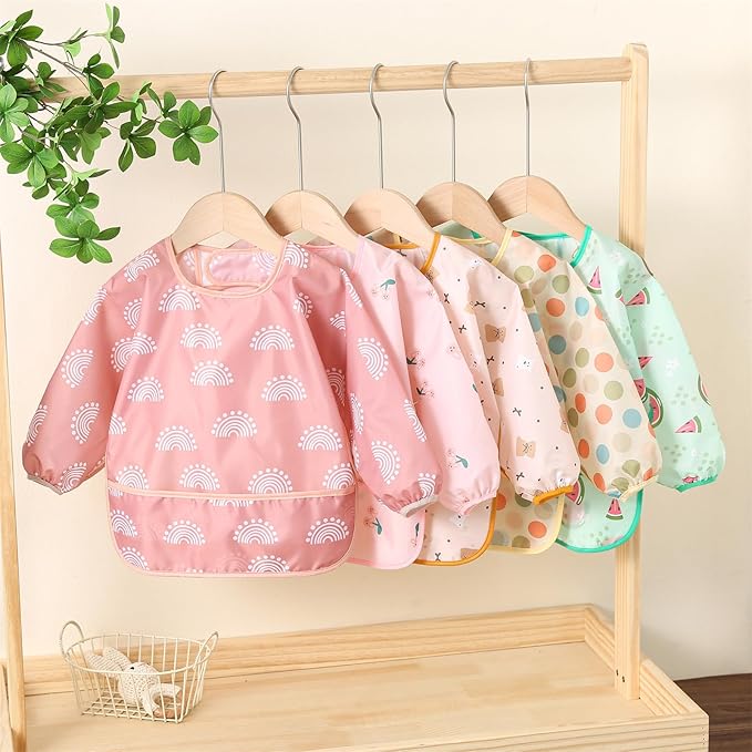 Long Sleeved Bibs,5 PCS Waterproof Wearable Bibs with Sleeves,Baby Feeding Smock 6-30 Months