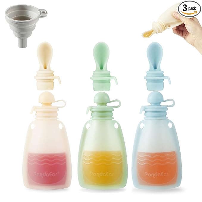 PandaEar 3 Pack Silicone Baby Food Pouches, Reusable Squeeze Pouches for Toddler with 3 Silicone Puree Feeder Spoon, BPA-Free Silicone Refillable Infant Food Storage, 5 oz (Beige&Blue&Green)