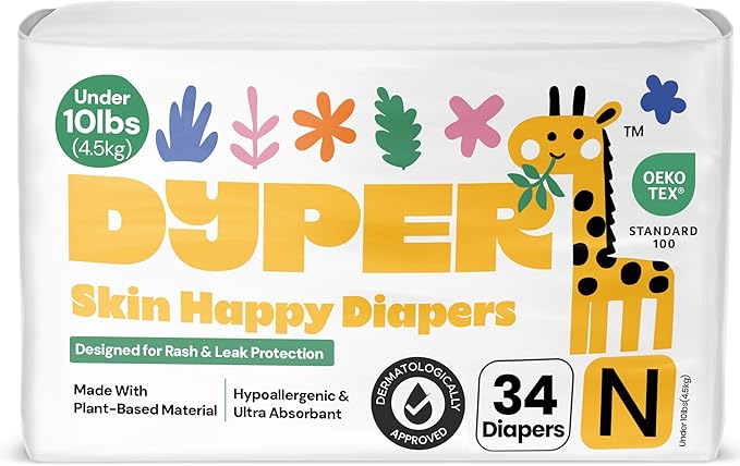 DYPER - Newborn Diapers Size 0 (34Count) - Plant Based Disposable Diapers for Day and Overnight Premium Leak Protection, Skin-Friendly Comfort with Soft Baby Diapers (Under 10 lbs)