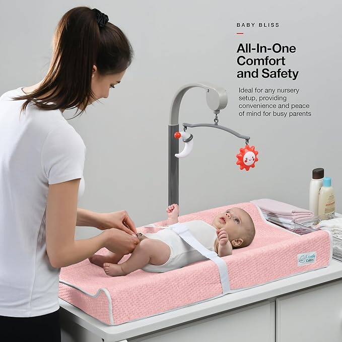 Changing Pad - Foam Contoured Baby Changing Pad for Dresser, Waterproof Diaper Changing Table Pad, Includes Soft, Removable & Washable Non-Slip Cover, Bonus Portable Toy Bar with Music Mode Included