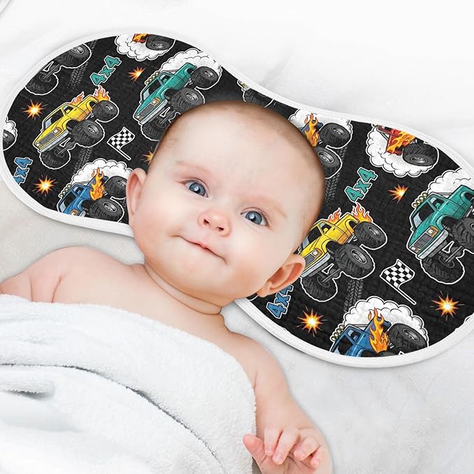 1 Pack Muslin Burp Cloths Monster Truck Black Print Cotton Baby Burp Cloths Absorbent Soft Burping Cloth Washcloths for Newborn Babies 22x11 Inch
