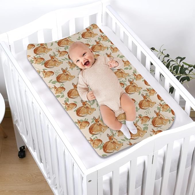 Cute Animals Baby Changing Pad Covers Baby Deer Retro Green Leaves Diaper Change Table Sheets for Girl Boy Soft Stretch Fitted Changing Table Pad Mat Cover 32''x16''