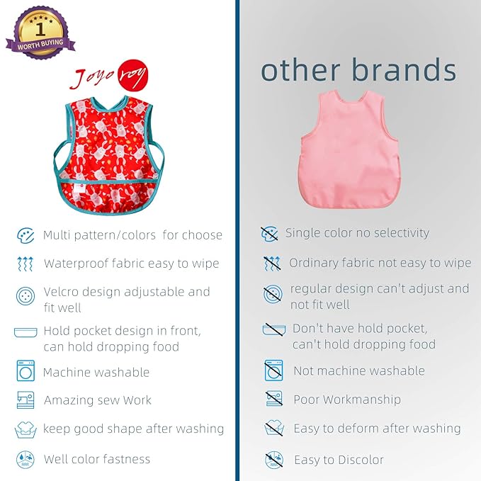 Joyo roy Mess Proof Baby Bibs for Baby Girl Waterproof Bibs for Babies 6-12 Months Soft Machine Washable Sleeveless Baby Smock Bib for Eating Travel Reusable Apron for Feeding Bib with Food Catcher