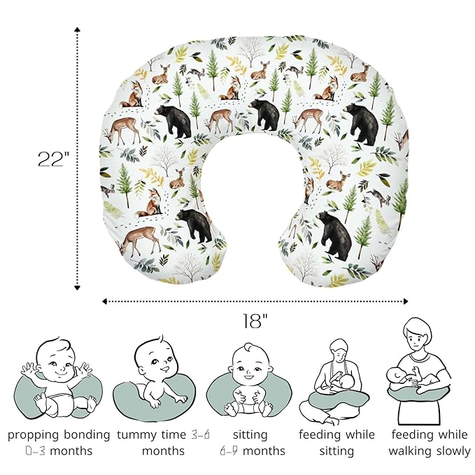 HawSkgFub Forest Animals Creatures Nursing Pillow Cover for Baby Boys, Pine Tree Bear Fox Deer Leaf Breastfeeding Pillow Slipcover, Nursing Pillowcase for Newborn Infant, Cover Only