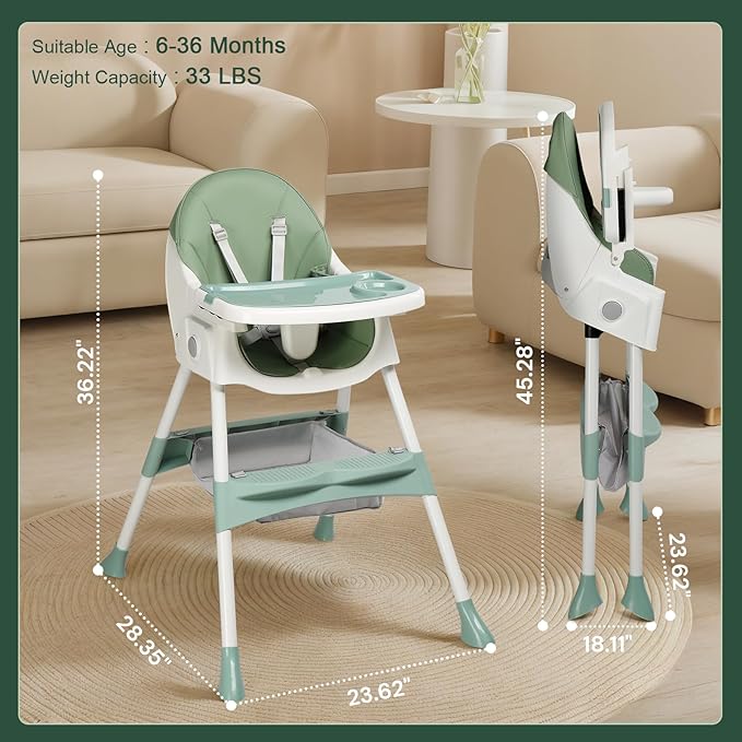 Ktaxon Baby High Chair, 6-in-1 Portable Feeding Rocking Seat with Adjustable Backrest, Removable Tray and 5-Point Safety Harness, Travel Folding Highchair for Toddlers & Babies, Green