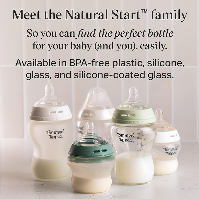 Tommee Tippee Natural Start 12 Piece BPA Free Bottle Set, Includes 2 x 5 oz, 3 x 9 oz, 1 x 11 oz Bottles, Newborn 0+ Months, Slow, Medium & Thicker Flow Breast-Like Nipples, Cleaning Brush, Clear