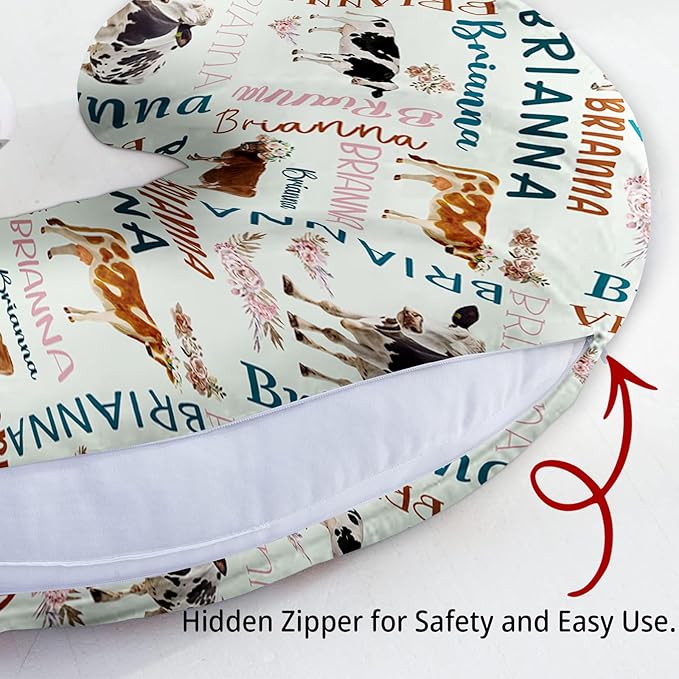 Baby Nursing Pillow Cover - Personalized Name Breastfeeding Pillow Cover with Cow Pattern, Stretchy Removable U-Shaped for New Moms, Soft Breathable Slipcover for Infant Boys Girls