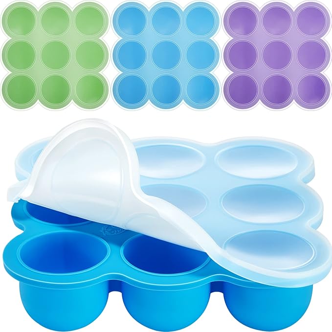 CHENGU 4 Pack Baby Food Storage Containers 9 Cup Silicone Baby Food Freezer Tray with Lid Stackable Reusable Freezer Storage Tray for Ice Breast Milk Homemade Food Vegetable (Blue, Purple, Green)