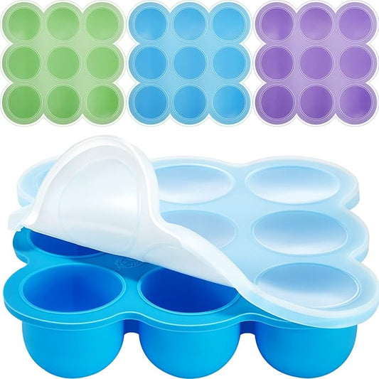 CHENGU 4 Pack Baby Food Storage Containers 9 Cup Silicone Baby Food Freezer Tray with Lid Stackable Reusable Freezer Storage Tray for Ice Breast Milk Homemade Food Vegetable (Blue, Purple, Green)