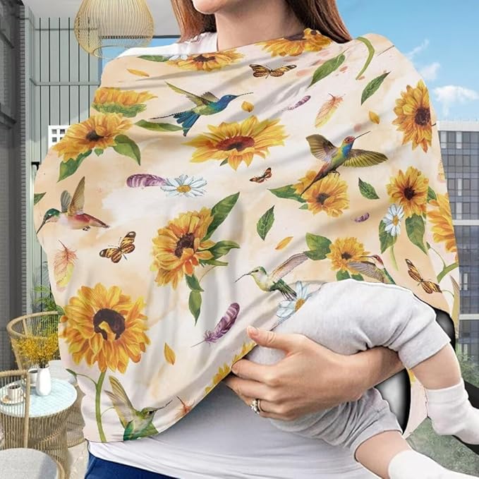 Coldinair Hummingbird Car Seat Cover for Babies Girls Sunflower Nursing Cover,Soft Stretchy Infant Carseat Canopy,Shopping Cart/High Chair/Stroller Covers