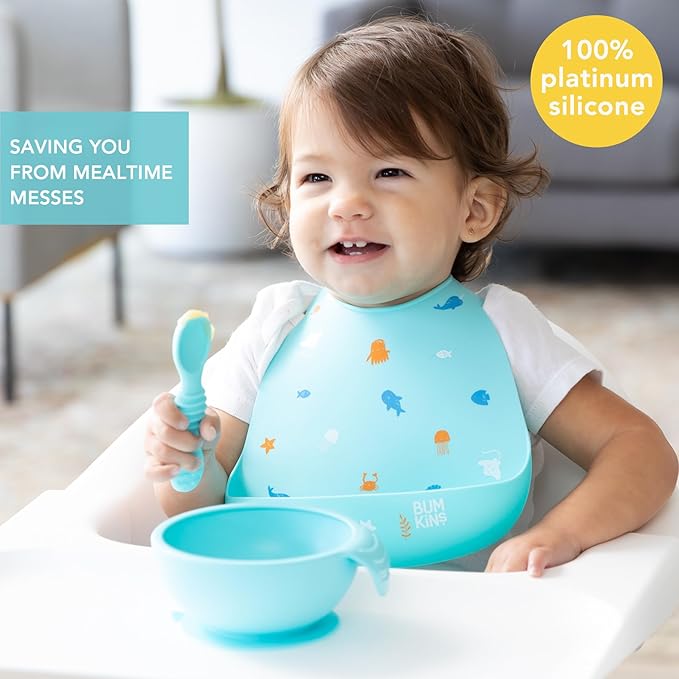 Bumkins Bibs, Silicone Pocket for Babies, Baby Bib for Girl or Boy, for 6-24 Months Up to Toddler, Essential Must Have for Eating, Feeding, Baby Led Weaning Supplies, Mess Saving, Ocean Life Blue