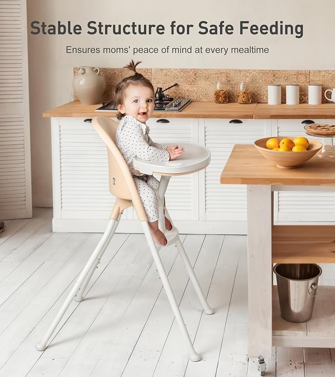 Mallify Foldable High Chair, Space-Saving Portable Baby High Chair with Removable Double Tray, Modern Convertible Baby Feeding Chair, Lightweight, Easy to Clean, Beige