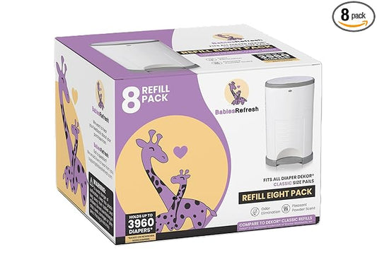 Refills Compatible with DEKOR CLASSIC Diaper Pail Refills | 8 Pack | Diaper Pail Odor Eliminator| Fresh Powder Scent | Each Diaper Bag Refill Holds up to 3960 Diapers | Diaper bin refill