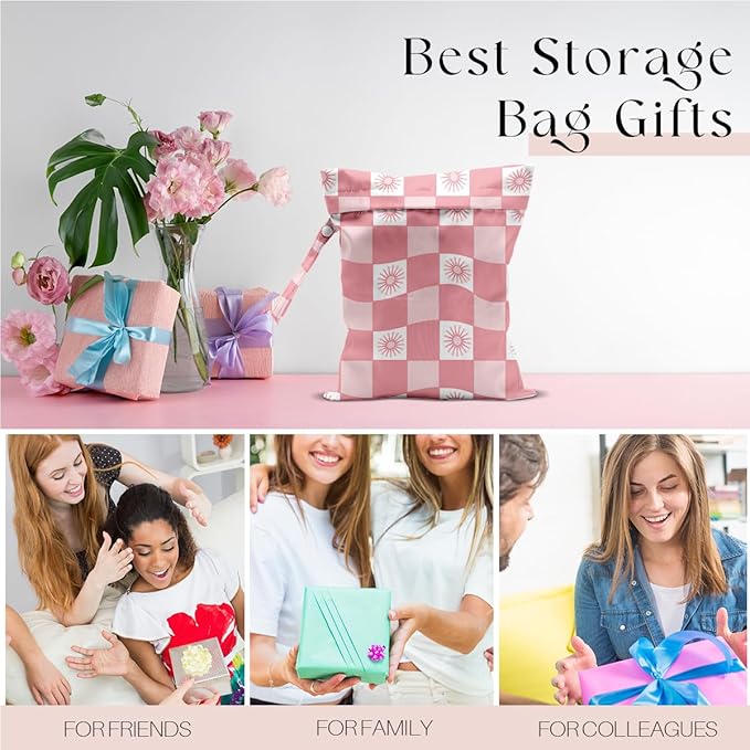 Wet Bag, Wet Dry Bag, Waterproof Swim Bags, Machine Washable Reusable Bags for Beach, Pool, Diapers, and Dirty Yoga Gym Clothes(Pink Checkerboard Design)