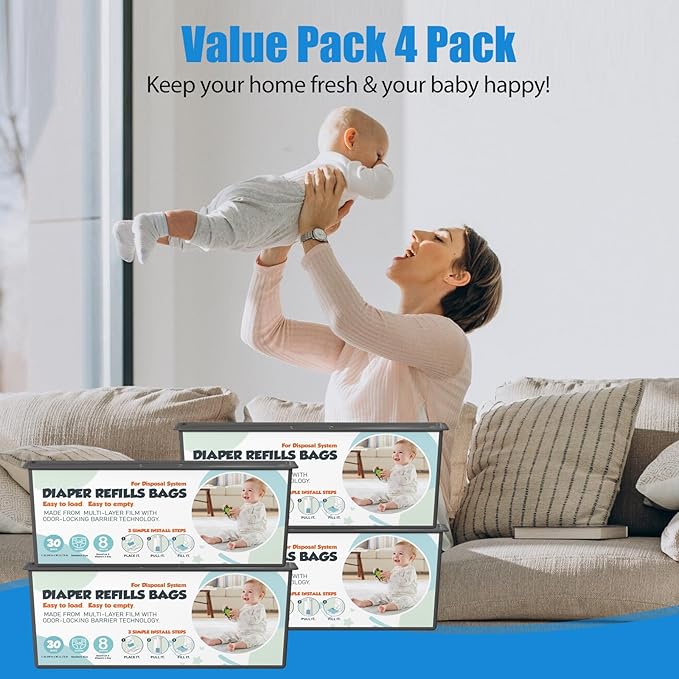 Diaper Pail Refills Bags with 30 Bags Compatible with Genie Easy Roll Signature and Platinum Diaper Pails, 7-Layer Odor-Barrier Technology, 4 Pack (120 Bags)