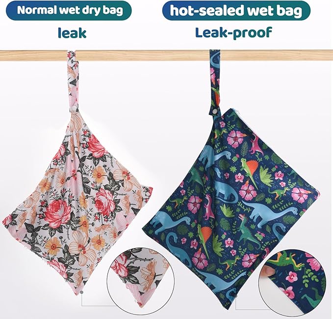 2pcs Cloth Diaper Mess-proof Wet Bags,Waterproof Reusabel Travel Storage Stroller Daycare Soiled Baby Items Beach Pool Yoga Gym Bag for Wet Toddler Swimsuits-Leopard,Dinosaur
