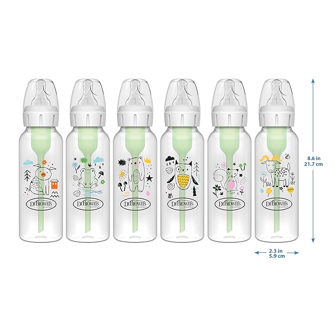 Dr. Brown's Natural Flow Anti-Colic Options+ Narrow Baby Bottle, Goat and Squirrel, 8 oz/250 mL, with Level 1 Slow Flow Nipple, BPA Free, 0m+, 2-Pack