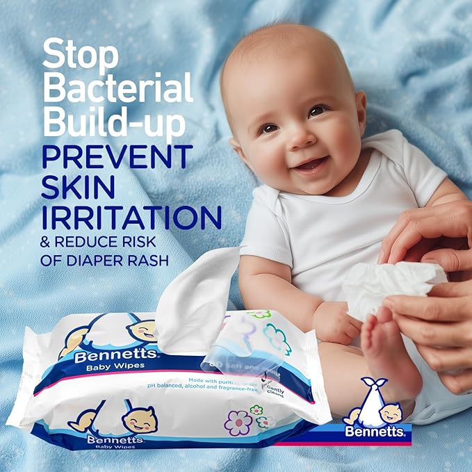 Bennetts Baby Wipes – 80 Wipes (6-Pack) – Purified Water Wipes for Newborns & Infants – Extra-Gentle Cleansing for Face, Hands & Nappy Area