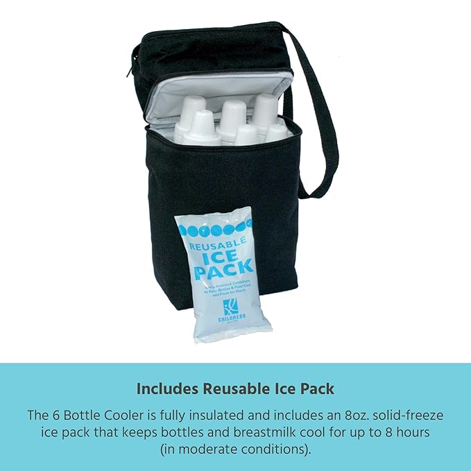 J.L. Childress Six Bottle Breast Milk Cooler Travel Bag - Insulated Baby Bottle Storage Bag, Portable Organizer Pack for Breast Milk, Use for Daycare or On The Go - Black Stripe