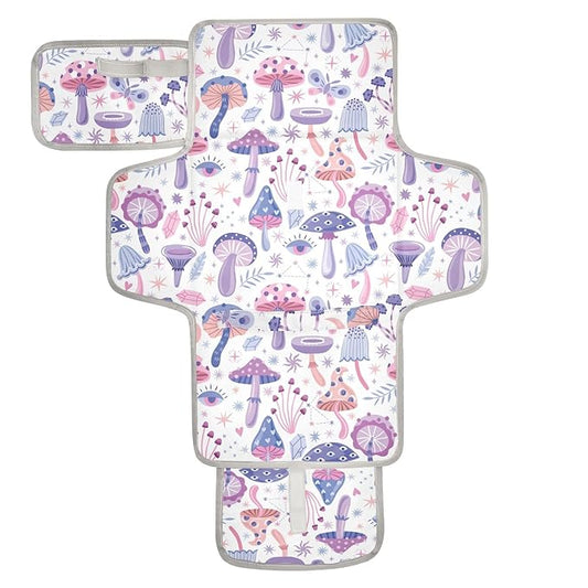 Portable Changing Pad for Baby - Purple Magic Mushrooms Waterproof Diaper Changing Mat Travel Changing Pad with Built-in Pillow - Shower Gift for Baby