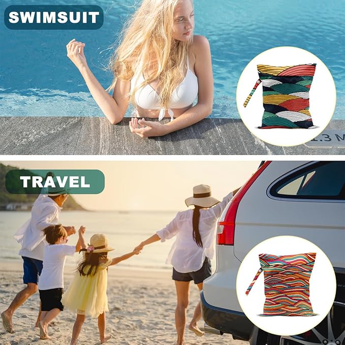2Pcs Wave Print Wet Bags, Wet Dry Bag Reusable for Swimsuit, Travel, Diapers, Pool, Beach, Dirty Yoga Gym Clothes, Toiletries, Makeup Bag, Zipper Pouch Waterproof Birthday Christmas Gifts