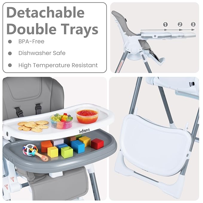 INFANS High Chair for Babies and Toddlers, Foldable Highchair with 7 Different Heights 4 Reclining Backrest Seat 3 Setting Footrest, Removable Tray Built-in Rear Wheels with Locks