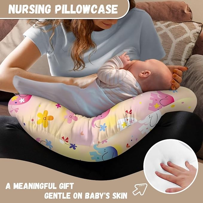 Soft and Comfy Nursing Pillow Cover for Boy and Girl,Reversible U-Shaped Nursing Pillow Cover: Dual-Sided Comfort for Breastfeeding and Bottle Feeding, Fits Original Bopy,Colorful Elephants