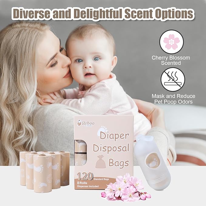 USBOO Diaper Bags Disposable for Baby, Biodegradeable Dirty Diaper Bags (8 Refill Rolls/120 Bags) with Dispenser, Leak Proof Diaper Trash Bags, Baby Poop Bags, Cherry Blossom Scent