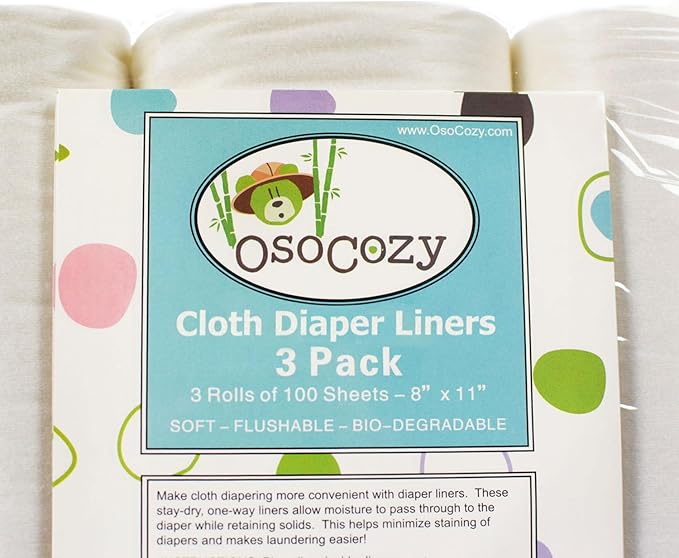 OsoCozy Flushable Diaper Liners 3 Pack - Makes Cloth Diapering Laundering Easier - Super Soft and Gentle on Baby’s Skin -100 Sheets per roll -3 Rolls.