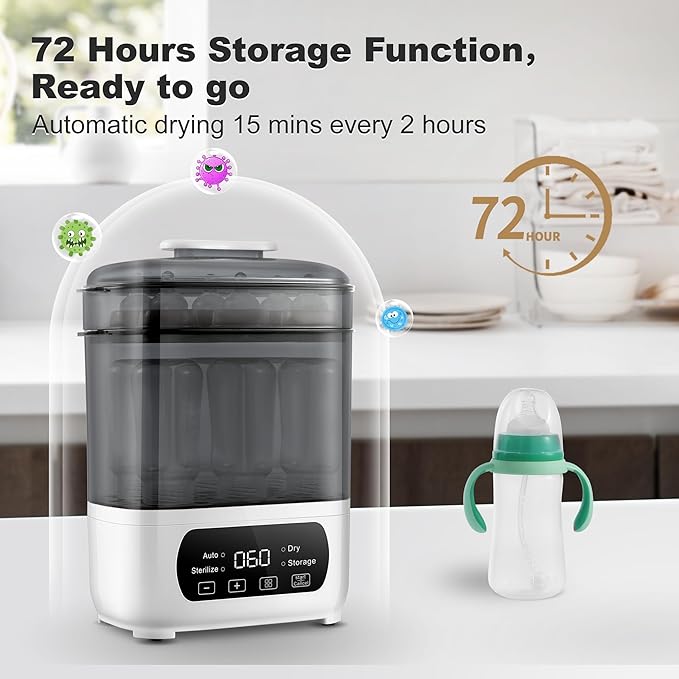 AMZBABYCHEF Baby Bottle Steamer and Dryer, Electric Steamer and Dryer for Baby Bottles, 4-in-1 Bottle Steamer and Dryer, Universal Fit for All Bottles, LED Touch Screen, Auto Shut-Off