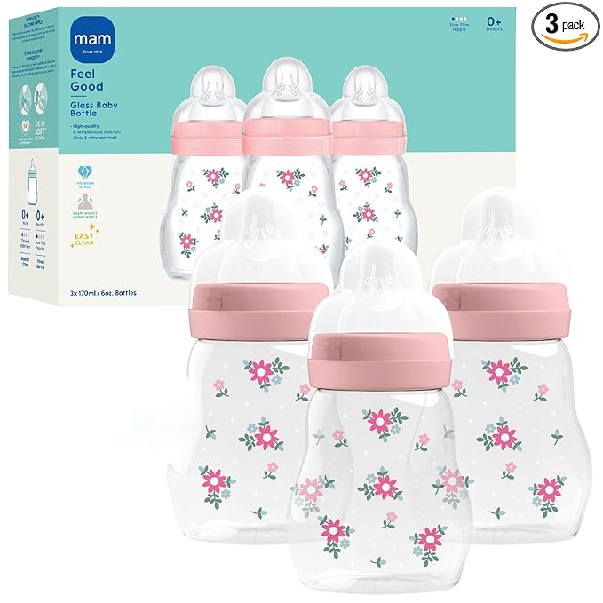 MAM 6oz Premium Glass Wide Neck Baby Bottle with Slow Flow Breastfeeding-Like Silicone Nipple, Easy to Clean,BPA Free, 0+ Months, Easy Switch Between Breast and Bottle, Made in Europe, 3 Pack Girl