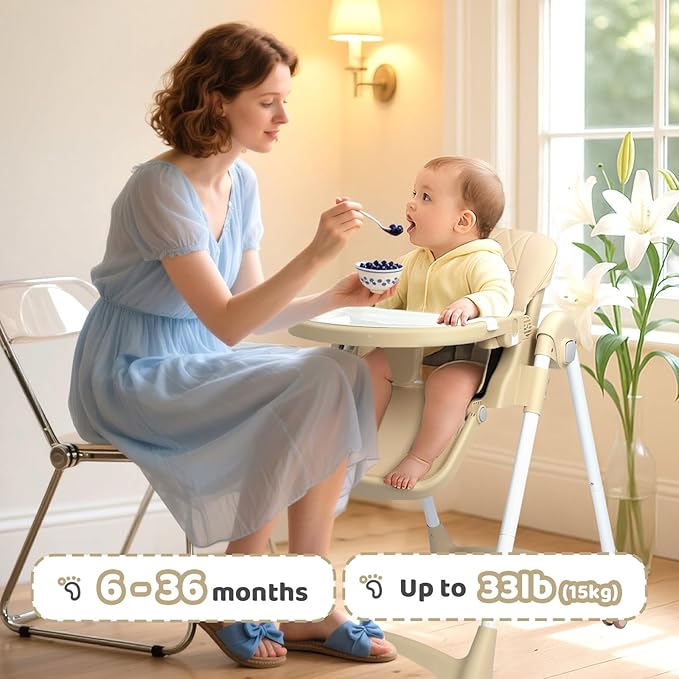 JOYMOR Foldable Baby High Chair, 4 in 1 Convertible Highchair for Eating, Height Adjustble and Multiple Seat Position, Compact Foldable Design for Easy Storage (Beige)