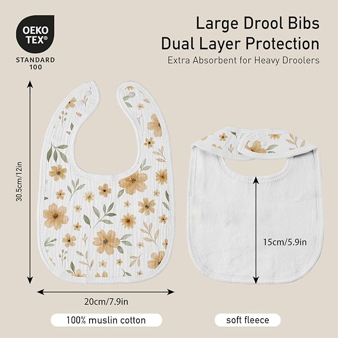 GLLQUEN BABY Muslin Drool Bibs for Boys Girls 6 Pack, Adjustable Baby Bibs for Drooling and Teething, Soft Cotton Baby Bandana Bib for Newborn Feeding Essentials (Autumn Flora)