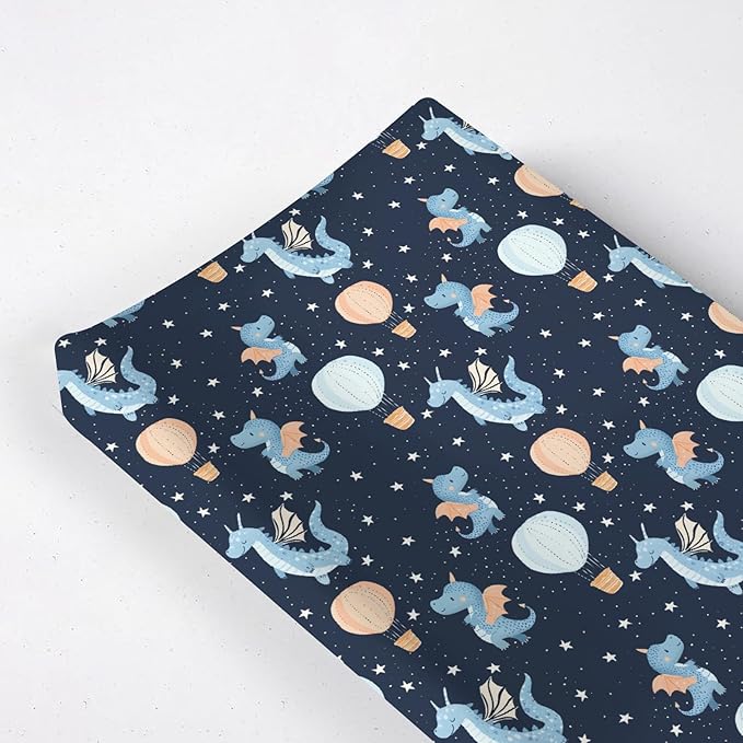 Cartoon Dragons Hot Air Balloons Stars Baby Changing Pad Cover,Unisex Dragon Nursery Diaper Changing Table Pad Mat Sheet for Boys Girls-16x32