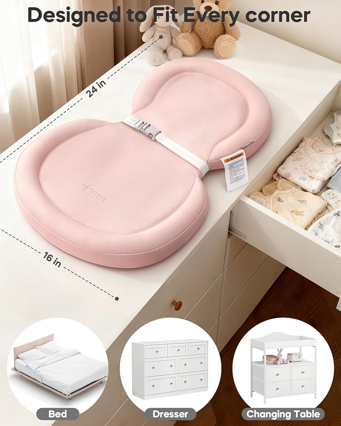 Baby Changing Pad, Waterproof Wipe-Clean Non-Slip Foldable PU Surface with Secure Belt, Ideal for Dresser Station, 24"x16", Pink