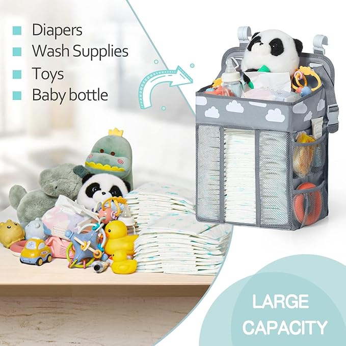 Baby Diaper Caddy Organizer, Multi-Compartment Nursery Baby Diaper Caddy with Adjustable Straps, Portable Hanging Diaper Stacker for Stroller, Car, Travel, Nursery (Grey)