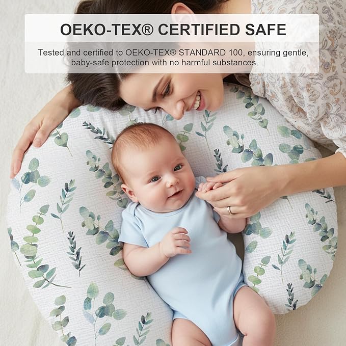 Little Grape Land Muslin Nursing Pillow Covers 2 Pack, 100% Cotton Removable Breastfeeding Pillow Covers, Feeding Pillow Slipcovers for Baby Boys & Girls, (Leaves & Green)