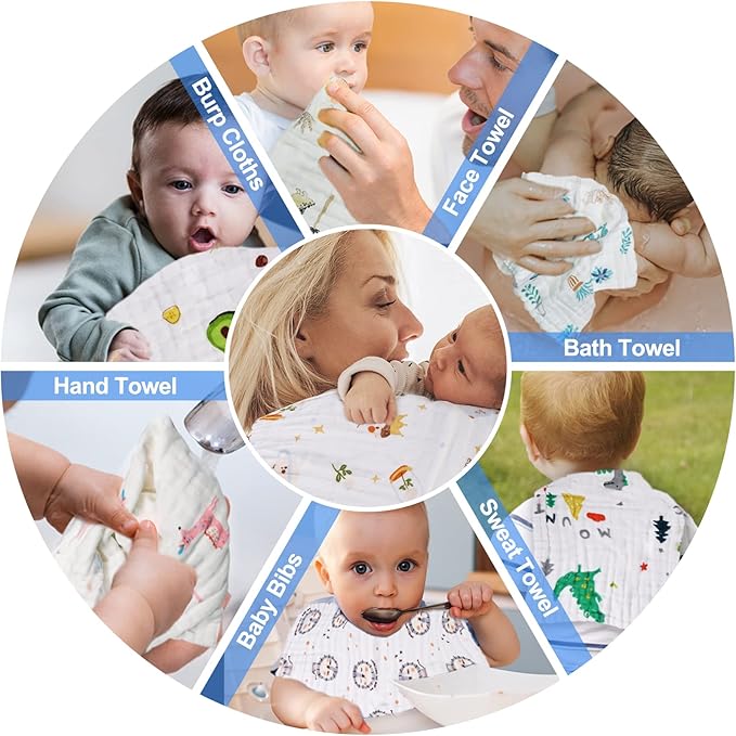 Muslin Burp Cloths Cotton Burping Cloth 20'‘ X 10’' Pack of 10, Baby Spit Up Cloths for Newborn, Absorbent, Soft, Breathable Large, Premium 6-layer Construction, Unisex, for Boys Girls(Cute)