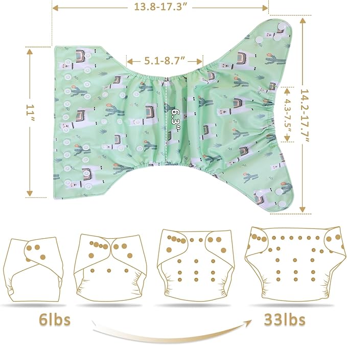 TDIAPERS Cloth Diapers Reusable Washable Pocket Diapers Cover One Size Adjustable for Baby Snaps Cloth Diapers Nappy 6 Pack with 6 Pcs Microfiber Inserts,1 Wet Bag