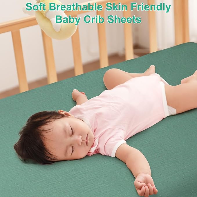 2 Pack Green & Grey Muslin Cotton Crib Sheets for Girls & Boys-Neutral Breathable Crib Mattress Protector Fitted for Standard 28"x 52" -Nursery Décor No Slip Bed Cover