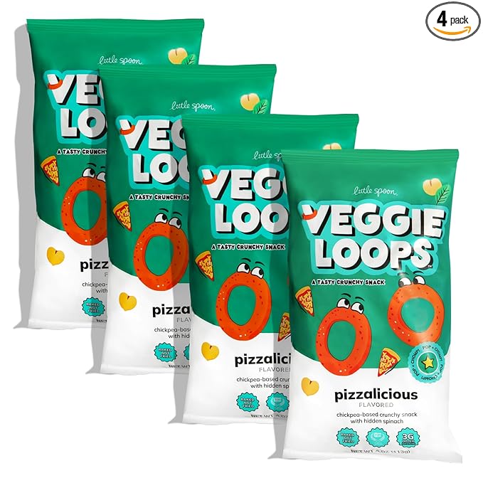 Little Spoon Pizzalicious Veggie Loops, Chickpea and Spinach Snack, Baked Not Fried, Avocado Oil, Hidden Veggies, Tastier Snacks for Kids, 3g Protein, Gluten-Free, 4 Pack