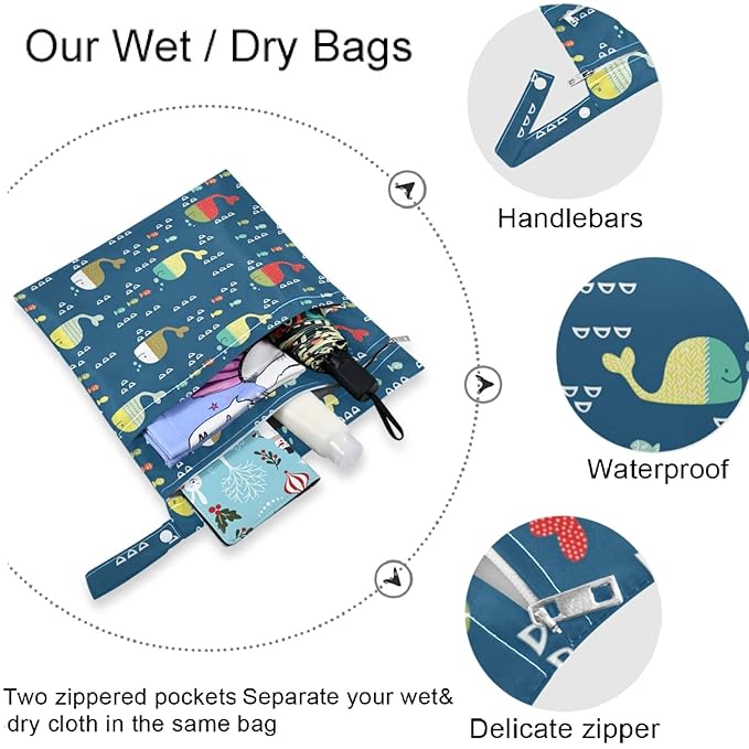 visesunny Kids Doodle Style Funny Whales And Colorful Fish 2Pcs Wet Bag with Zippered Pockets Washable Reusable Roomy for Travel,Beach,Pool,Daycare,Stroller,Diapers,Dirty Gym Clothes, Wet Swimsuits, T