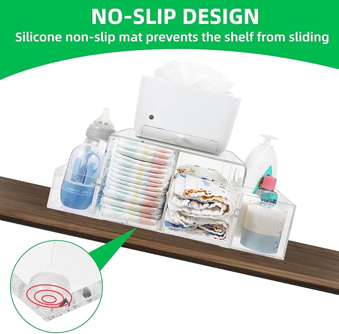 NANYEZH Acrylic Diaper Caddy, Baby Wipes Organizer for Changing Table, Dresser Top Tabletop Organizer with 4 Detachable Compartments, Anti-slip Rubber Feet, Newborn Baby Essentials, Clear