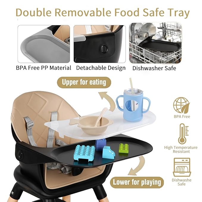 6 in 1 Baby High Chair, Convertible Wooden High Chairs/Booster Seat for Babies and Toddlers, Baby Feeding Chair with 5-Point Harness/Double Removable Tray & Adjustable Footrest (Black)