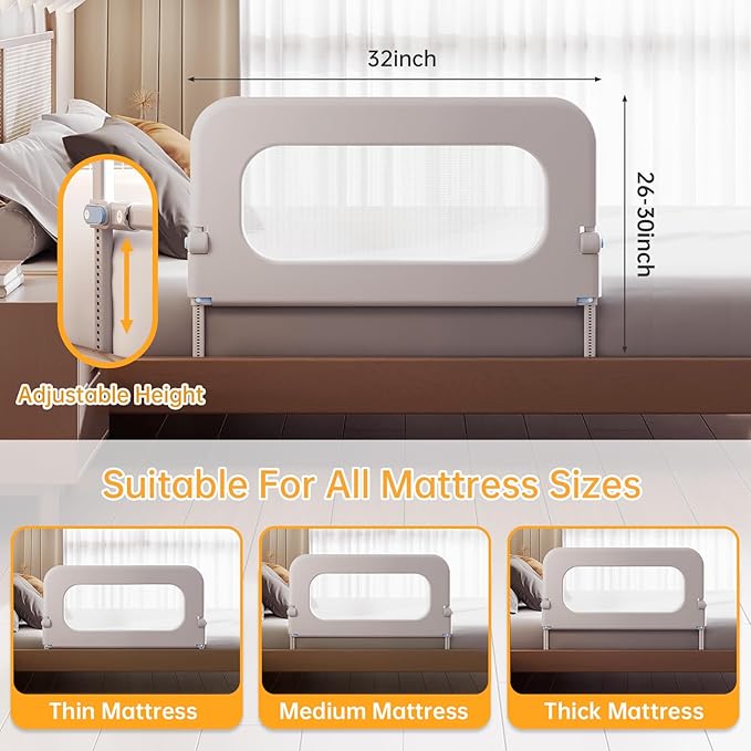 Baby Bed Guard Rail for Toddler - 32in Adjustable Heights, Swing Down Bedrail, Extra Tall Child Safety Side Railing Guards for Kids - Toddler Bed Rail for Queen, King, Twin, and Bunk Size Beds - Full
